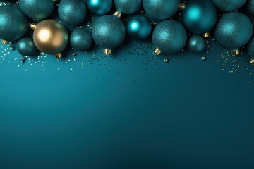  a blue and gold christmas ornament background with gold and silver baubles on a teal blue background.