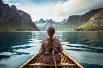  a woman with long hair sitting in a boat on a lake with mountains in the background and a sky filled with clouds.