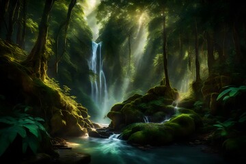A breathtaking waterfall hidden deep within a dense forest, illuminated by dappled sunlight.
