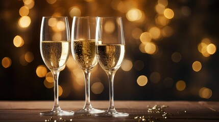 two glasses of champagne against bokeh lights background,
