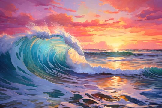  a painting of a sunset over the ocean with a wave crashing in front of a bright orange and pink sky.
