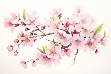  a branch of a blossoming cherry tree with pink flowers on a white background with copy - space for text.