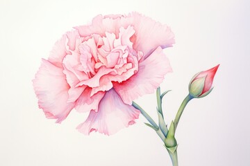  a painting of a pink carnation flower with a bud on the end of the stem and a bud on the end of the stem.