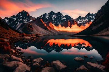 A tranquil mountain lake reflecting the majestic peaks and the vibrant colors of a sunset.