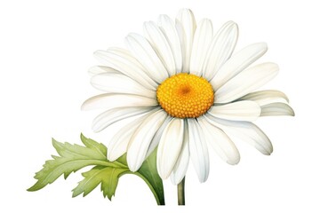 a close up of a white flower with a yellow center and green leaves on a white background with a white background.