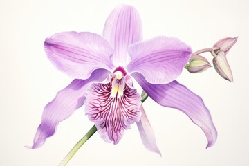  a close up of a purple flower on a white background with a green stem in the center of the flower.