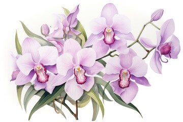  a painting of a bunch of purple orchids with green leaves on a white background with a white back ground.