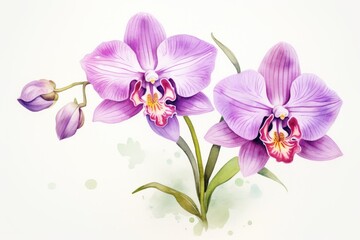  a painting of two purple orchids on a white background with a green stem in the foreground and a pink flower in the foreground.