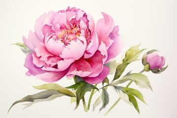  a watercolor painting of a pink peony flower with green leaves on a white background with a white background.
