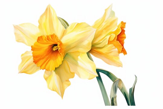  two yellow daffodils on a white background with a green stem in the foreground and a green stem in the background.