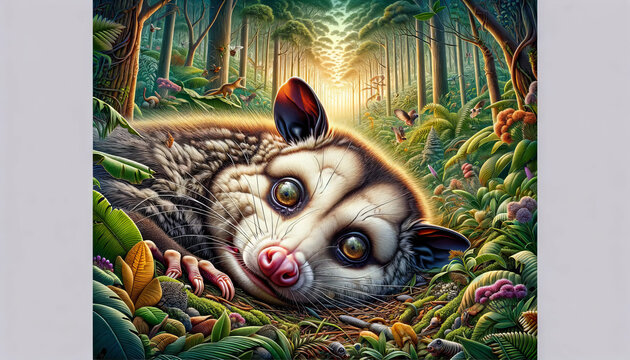 A Magnificently Detailed Illustration Of A Possum Playing Dead With A Dramatic Flair In A Lush Forest