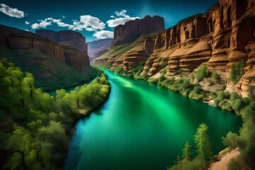An emerald green river winding through a canyon, framed by towering cliffs and a brilliant blue sky.