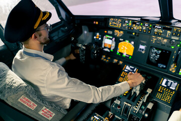 Airplane pilot controls throttle during flight or takeoff Cockpit view of air traffic control - obrazy, fototapety, plakaty