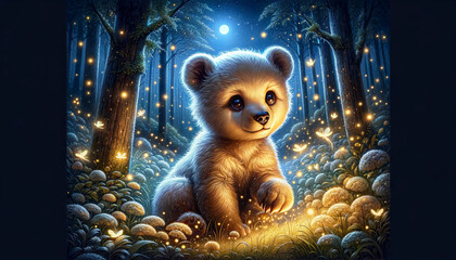A serene and intricate illustration of a bear cub playing with fireflies in a moonlit glade - obrazy, fototapety, plakaty