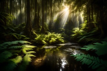 Sunlight filtering through a dense forest canopy onto a serene pond surrounded by lush ferns.