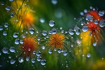 Dewdrops reflecting the colors of a vibrant flower meadow