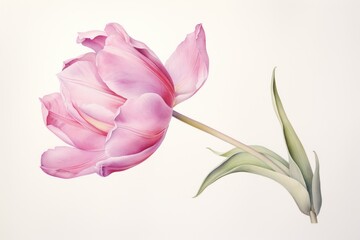  a close up of a pink flower on a white background with a green stem in the foreground and a white background with a single flower in the foreground.