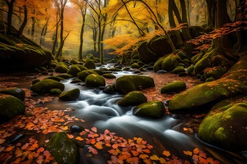 A tranquil river flowing gently through an autumn woodland, framed by mossy rocks and vibrant foliage