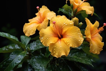  a close up of a yellow flower with water droplets on it's petals and a green leafy background.