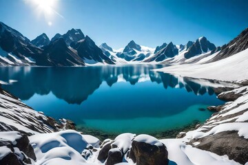 A pristine alpine lake nestled between rugged snow-capped peaks, mirroring the clear blue sky.
