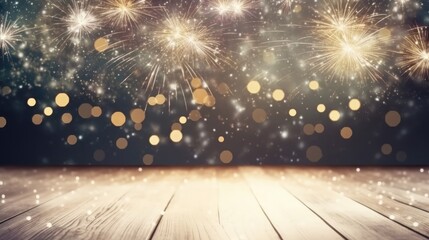 Wooden table or floor empty for product placement with new year firework in background comeliness - obrazy, fototapety, plakaty