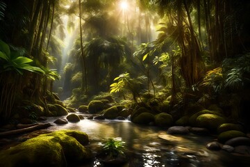 Sunlight filtering through dense trees onto a tranquil stream in a tropical paradise.