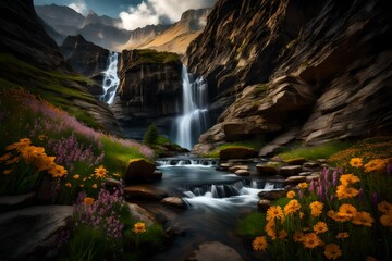 A cascading waterfall hidden deep within a rugged canyon, surrounded by wildflowers.