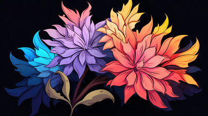 Fototapeta na wymiar Vibrant Botanical Illustration: Colorful Flower with Leaves - Artistic Design for Seasonal Backgrounds, Perfect for Summer and Spring Garden Concepts.