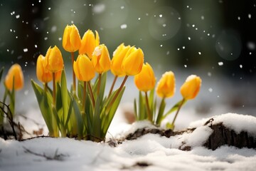 a group of yellow flowers sitting on top of a pile of snow next to a pile of snow covered ground.