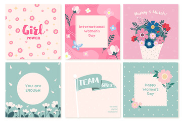 Set of vector greeting card templates for International women's day with flowers. Collection of feminine cute and colorfull flat designs for 8 march inspiration. Women's history month celebration.   