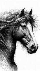 A powerful and detailed portrait of a horse in profile, with its mane flowing in the wind, captured in a scribble art style