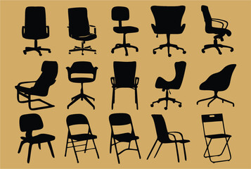 Office, work station or revolving Chairs, silhouette icons in vector format. Porch Rocking, student and work station Chairs. Furniture sale expo poster, flyer or banner designing for media and web.