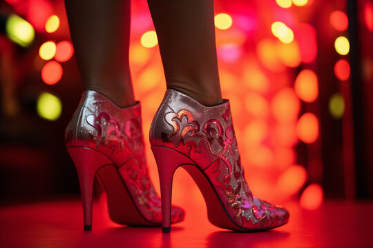 Woman with sensual skinny legs wearing shimmering high heels, vivid  neon futuristic colored nightclub lighting - provocative glamour, modern fashion style. 