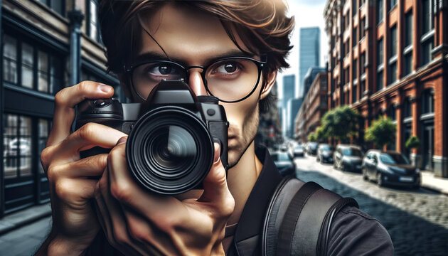 A professional photographer taking pictures in an urban environment