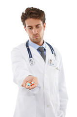 Doctor, man and prescription of pills in studio, wellness medication and healthcare in pharmaceuticals. Pharmacist, face and serious in medicine support, advice tablets and drugs by white background