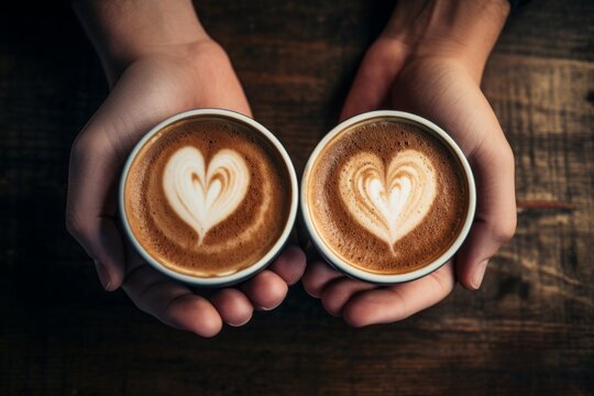 Man is holding two cappuccino cups in each hand against a dark background. On top, there is a heart-shaped pattern made of coffee foam.