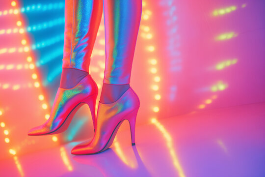 Woman with sensual skinny legs wearing shimmering high heels, vivid  neon futuristic colored nightclub lighting - provocative glamour, modern fashion style. 