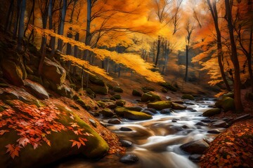 A pristine riverbank in the midst of an autumn forest, adorned with colorful leaves and smooth, sunlit rocks