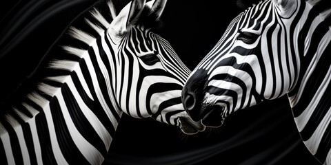 Fototapeta na wymiar Portrait of two zebras on a black background