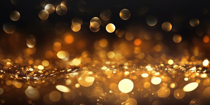 Golden bokeh, luminous rain and blurred lights on a blurred background