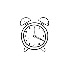 A hand-drawn doodle of an alarm clock on a white background.
