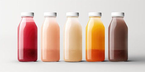 Glass bottles with juice and smoothies of different colors isolated on a white background