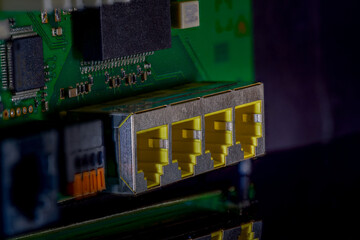 Close-up of a rj45 connector board on a computer board, macro, copy space