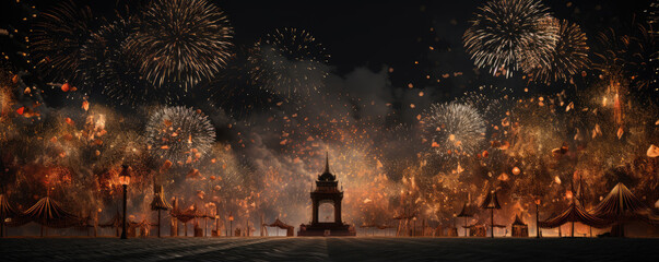 Fireworks in night celebration ,happy new year concept. Wide banner - obrazy, fototapety, plakaty