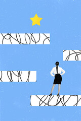 Vertical photo collage of young businesswoman stand look at way path to her target concept of...