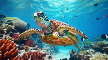 Poster Beautiful Underwater Postcard. Maldivian Sea Turtle Floating Up And Over Coral reef. Loggerhead in wild nature habitat © Muhammad