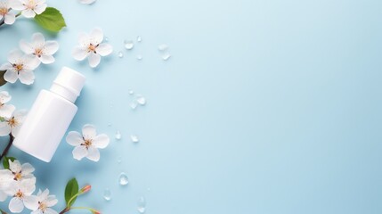 Beauty background with facial cosmetic products, leaves and cherry blossom on pastel blue desktop...