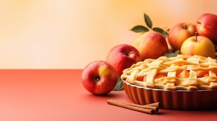 Apple Pie background. National Pie Day, Thanksgiving traditional dessert, autumn bakery concept. .For postcard, banner, wallpaper, backdrop, web, card, poster, cover, print. Copy space.
