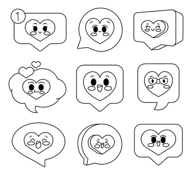 Kawaii cute heart in speach bubble. Coloring Page. Emoticon messaging. Love cartoon characters. St Valentines day. Hand drawn style. Vector drawing. Collection of design elements.