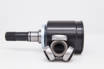 Constant velocity joint on a white background. The tripoid is the basis of the hinge.